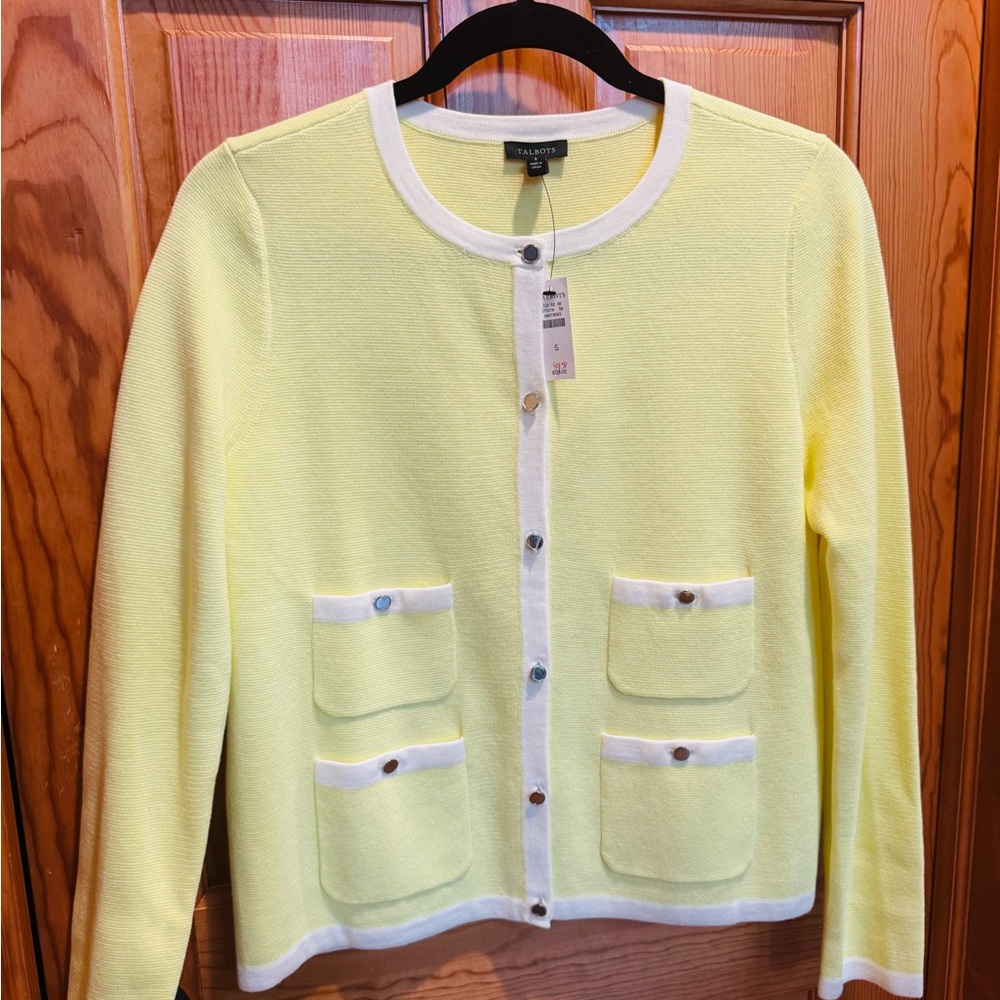 Talbots bright Yellow and White trimmed Cardigan Sweater